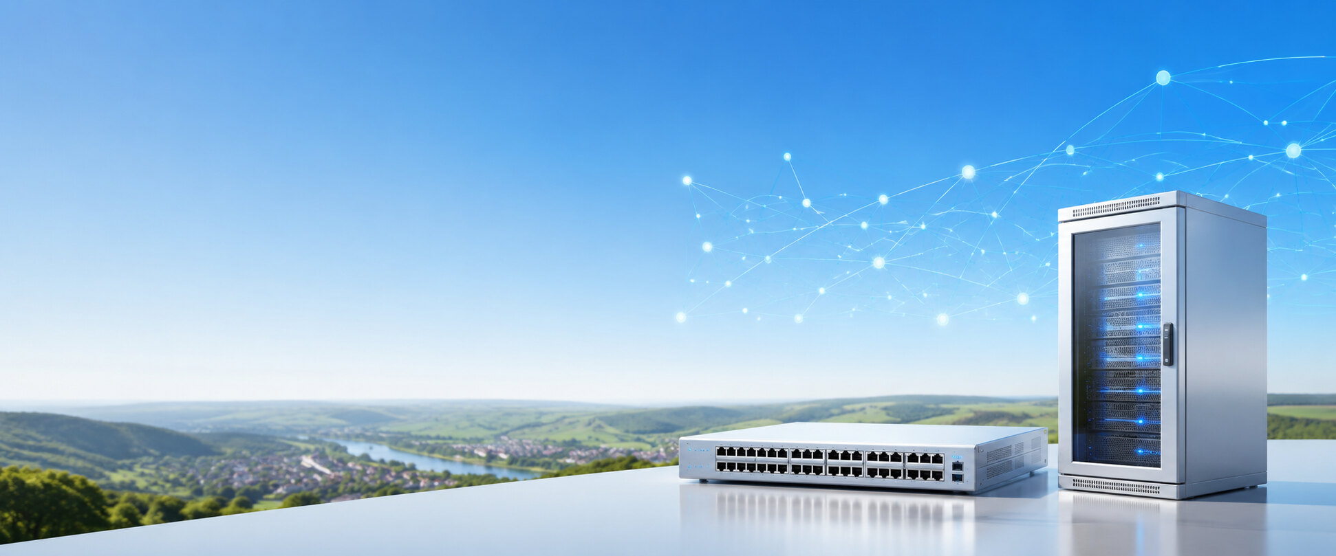 Netzwerkswitch und Serverschrank vor einer Landschaft der Region